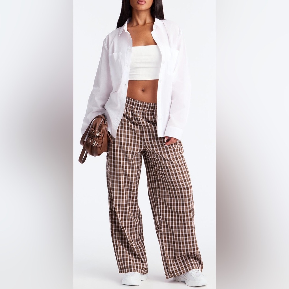 Relaxed Plaid Wide-Leg Pants in Brown